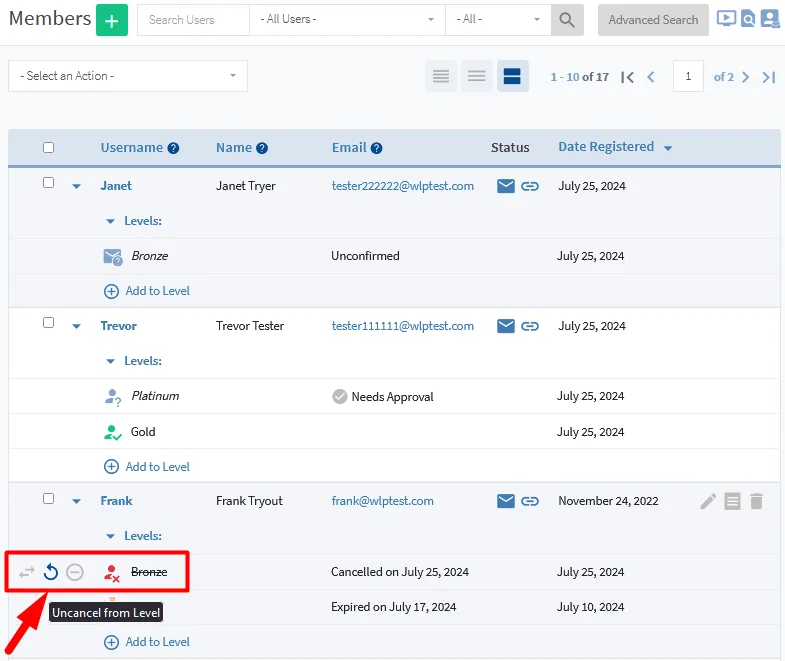 image - WordPress Membership Plugin - Membership Sites Editing Member Level Status in WishList Member - Cancel and Uncancel