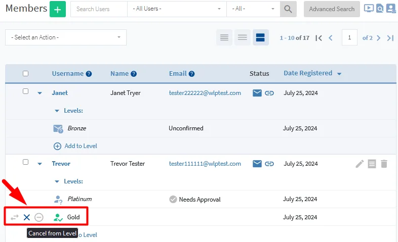 image - WordPress Membership Plugin - Membership Sites Editing Member Level Status in WishList Member - Cancel and Uncancel