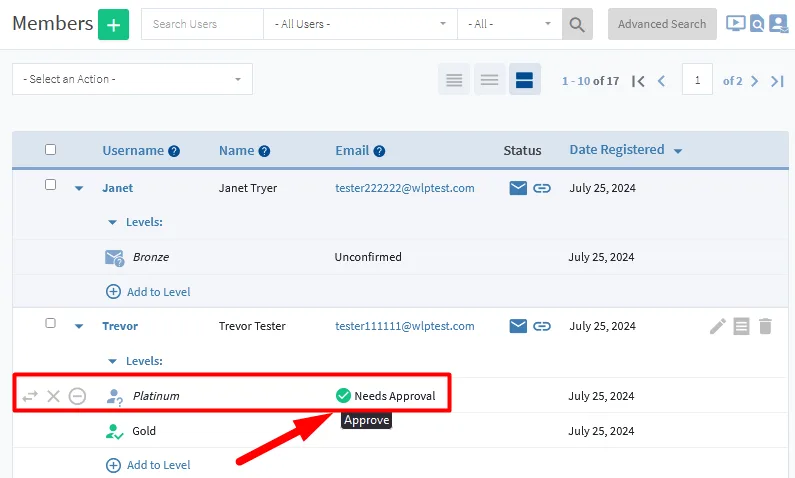 image - WordPress Membership Plugin - Membership Sites Editing Member Level Status in WishList Member - Approve a Level