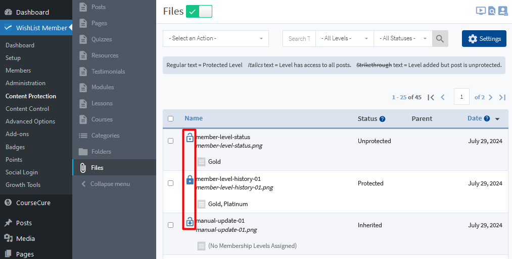 Protect Your Files Using WishList Member File Protection - Toggle File Status Using the Icons