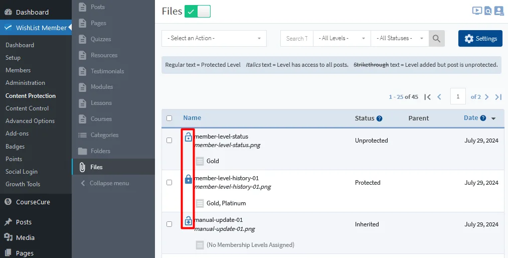 image - WordPress Membership Plugin - Membership Sites Protect Your Files Using WishList Member File Protection - Toggle File Status Using the Icons