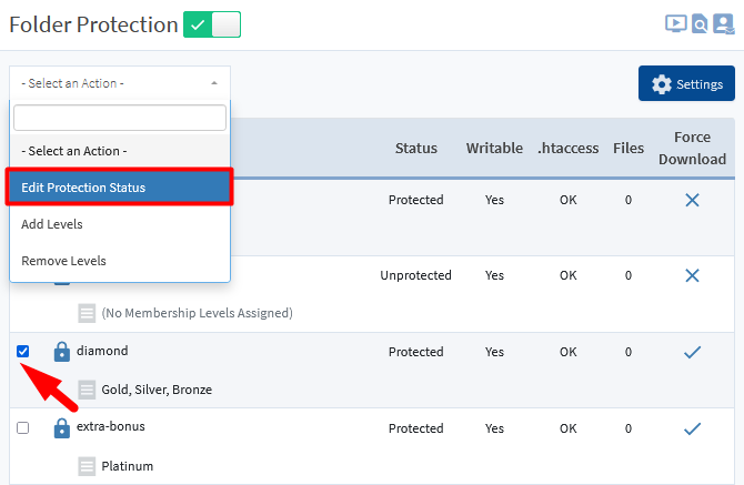 Protect Folders on Your Site Using WishList Member Folder Protection - Edit Protection Status