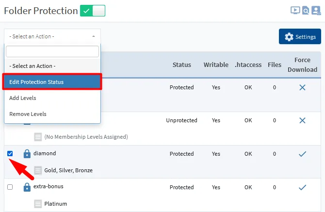image - WordPress Membership Plugin - Membership Sites Protect Folders on Your Site Using WishList Member Folder Protection - Edit Protection Status