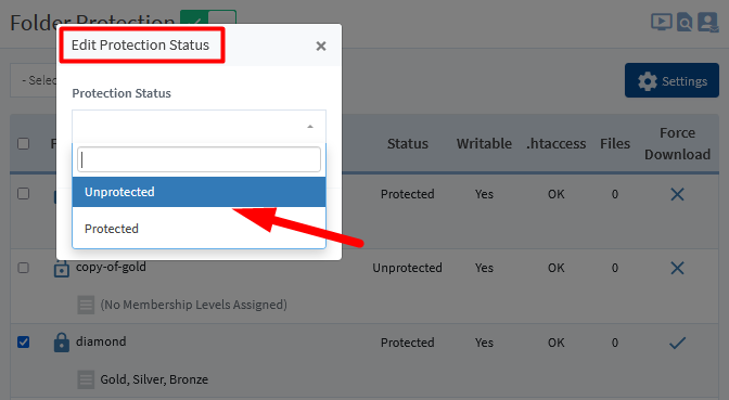 Protect Folders on Your Site Using WishList Member Folder Protection - Edit Protection Status