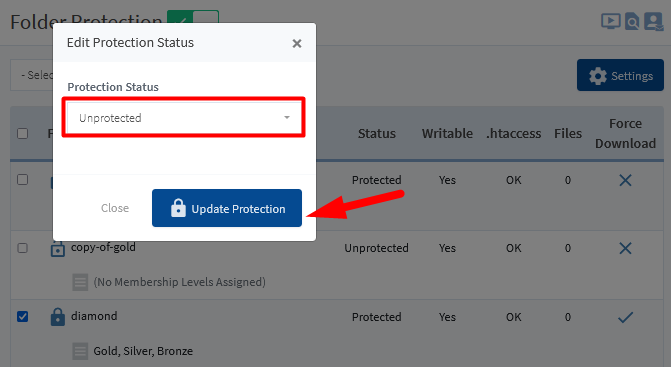 Protect Folders on Your Site Using WishList Member Folder Protection - Edit Protection Status