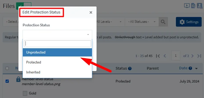 image - WordPress Membership Plugin - Membership Sites Protect Your Files Using WishList Member File Protection - Edit Content Protection Status