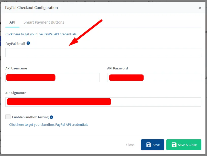 PayPal Checkout Configuration modal with fields for Email, API Username, Password, Signature, sandbox option, and Save actions.