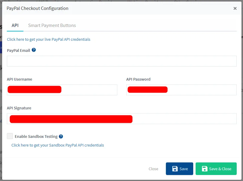 PayPal Checkout Configuration dialog showing fields for email, username, password, and signature with Save and Save & Close buttons