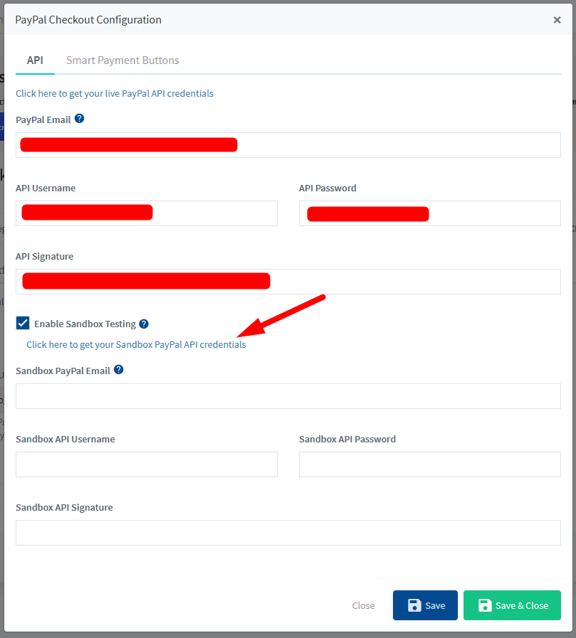 PayPal Checkout Configuration modal with API credentials fields and a Sandbox Testing section including a checkbox and sandbox credentials.