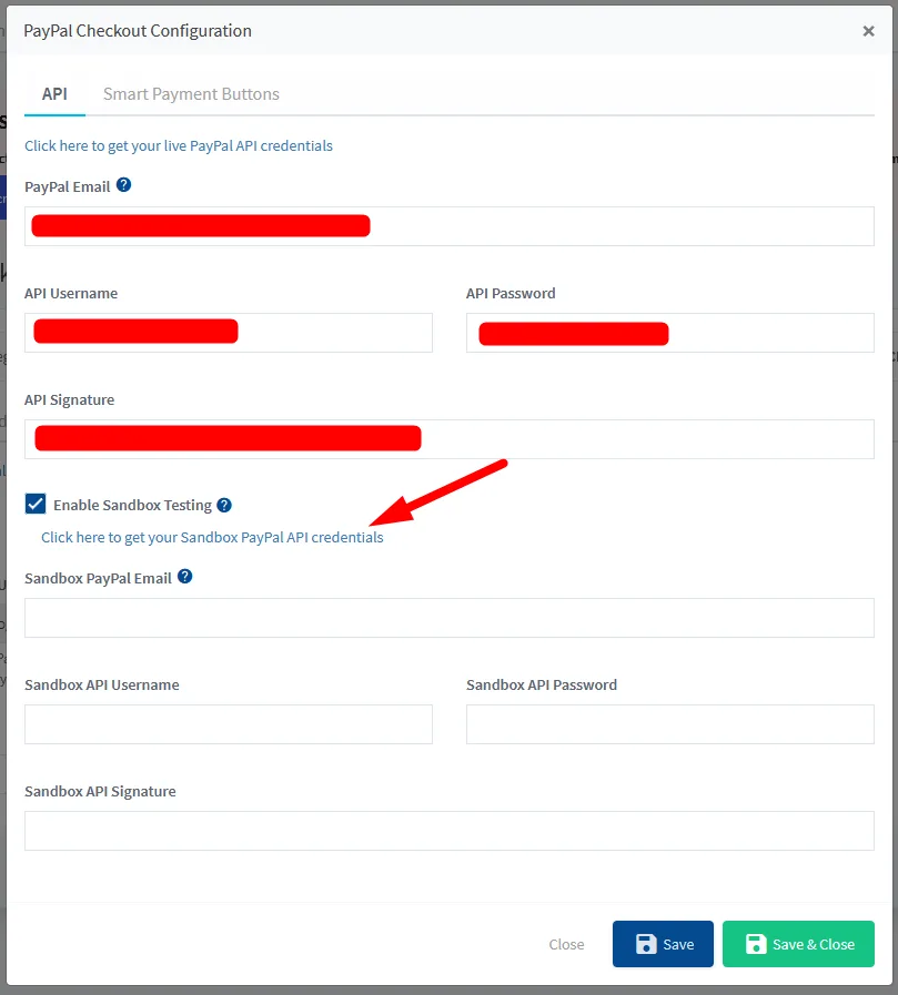 PayPal Checkout Configuration modal with API credentials fields and a Sandbox Testing section including a checkbox and sandbox credentials.