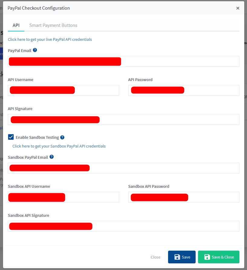 PayPal Checkout Configuration dialog showing API credentials fields: Email, Username, Password, Signature, plus Sandbox credentials.