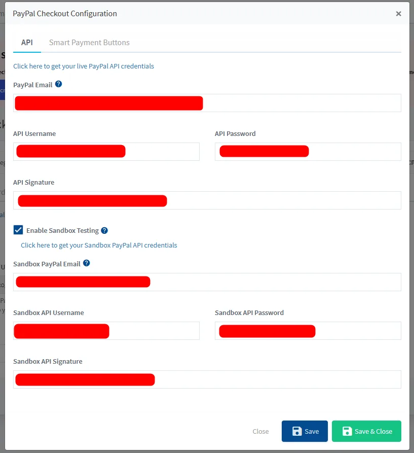 PayPal Checkout Configuration dialog showing API credentials fields: Email, Username, Password, Signature, plus Sandbox credentials.