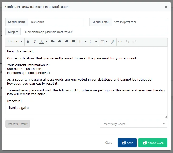 Allow WishList Member to Handle Password Reset - Configure Email