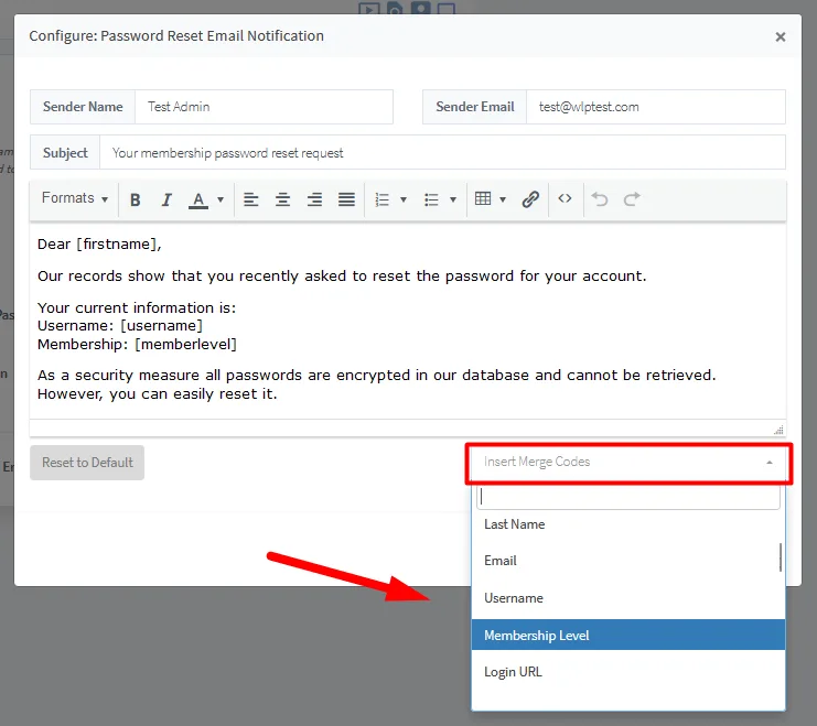 Allow WishList Member to Handle Password Reset - Configure Email and include Mergecodes