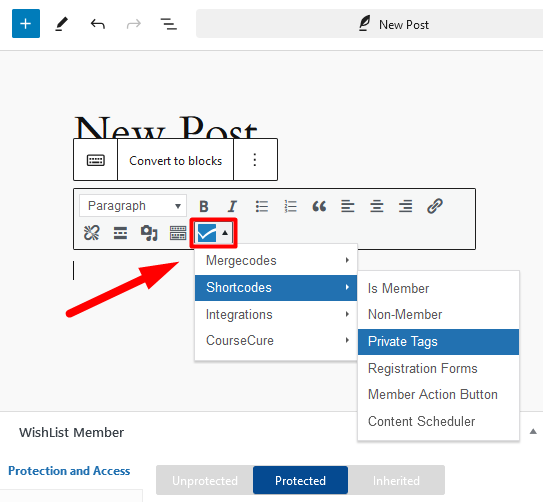 Using WishList Member Mergecodes or Shortcodes with the Gutenberg Editor - Classic Block