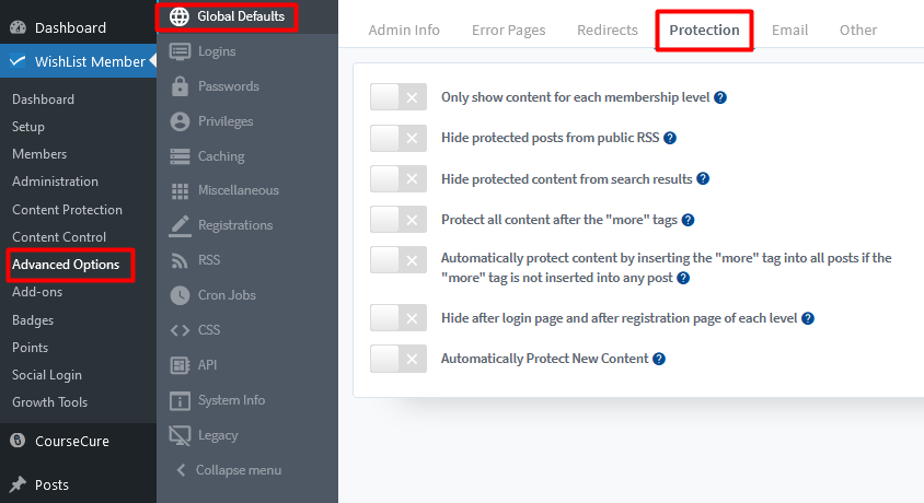 WishList Member Global Defaults Settings - Protection