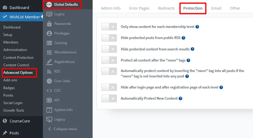 image - WordPress Membership Plugin - Membership Sites WishList Member Global Defaults Settings - Protection