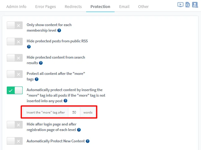 image - WordPress Membership Plugin - Membership Sites WishList Member Global Defaults Settings - Protection - Insert More Tags