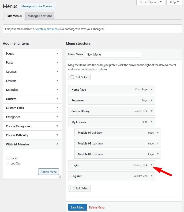 Add WishList Member Login and Log Out items to a WordPress menu.