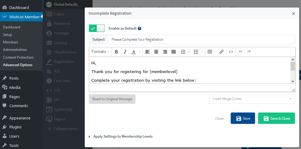 Incomplete Registration Notification Settings - WishList Member