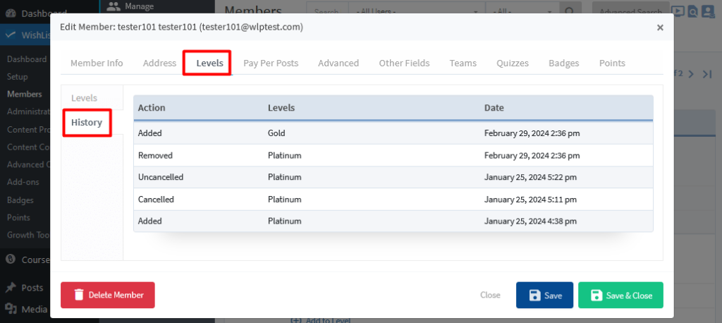 View Member Level History