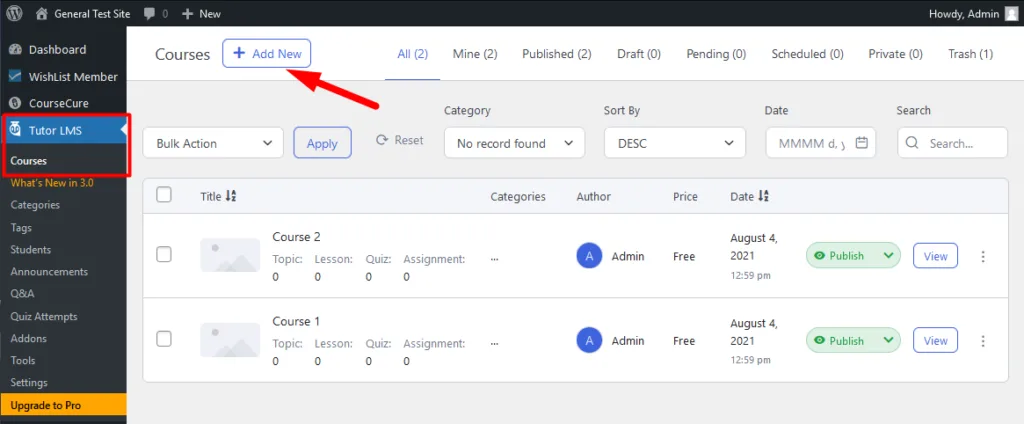 Tutor LMS Integration with WishList Member - Create a Course