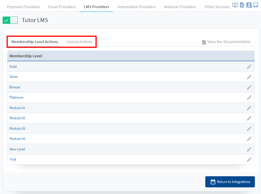 Tutor LMS Integration with WishList Member - Membership Level Actions and Course Actions