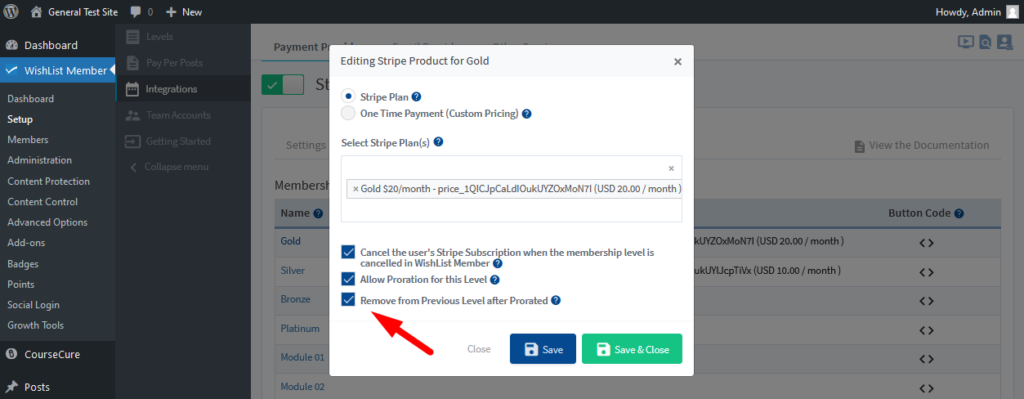 Stripe Integration with WishList Member - Remove from Previous Level after Prorated