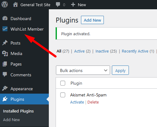 Screenshot of the WordPress dashboard indicating that a plugin has been activated, with an arrow pointing to the 'WishList Member' menu item on the sidebar, suggesting that the WishList Member plugin is now active and ready for configuration.