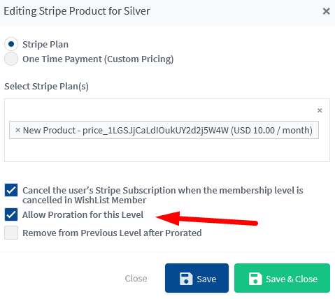 Stripe Integration with WishList Member - Allow Proration for this Level