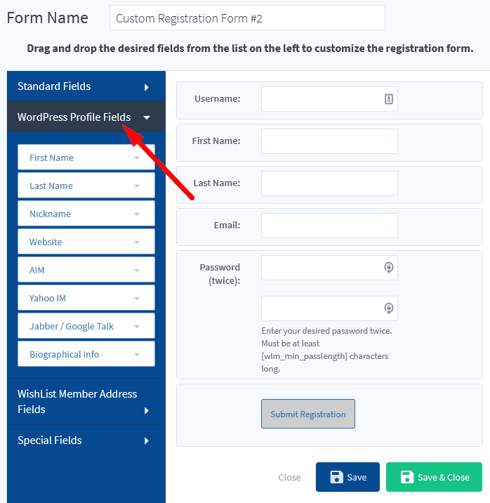 custom registration form - WishList Member