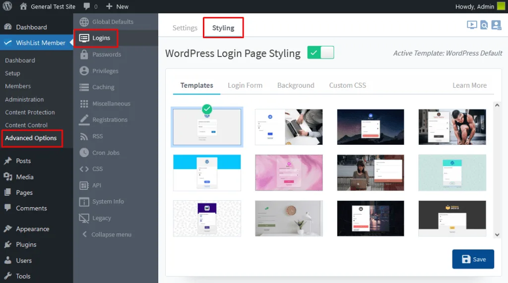 WordPress login page styling - WishList Member