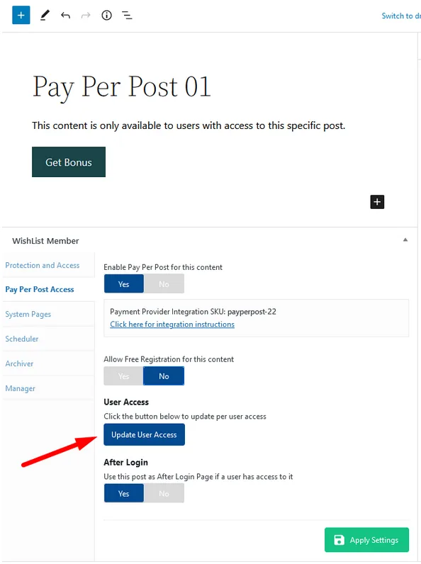 WishList Member Pay Per Post Feature - Set User Access