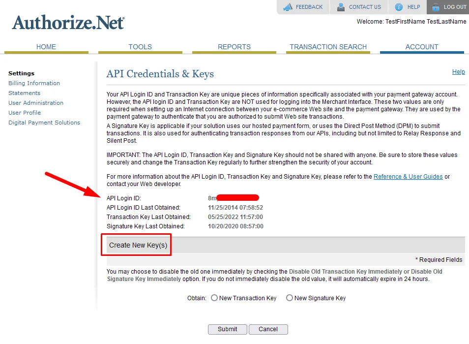 Authorize.net API Login ID and Transaction Key