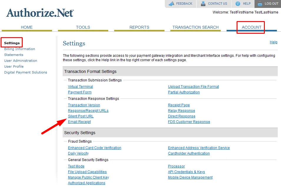 Configuring account settings inside Authorize.net