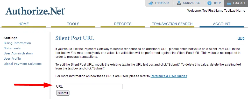 Adding Silent Post URL inside Authorize.net