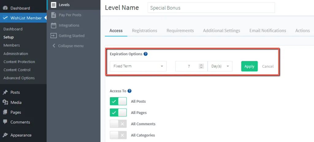 constantcontact - WordPress Membership Plugin - Membership Sites WishList Member - Expire from Level