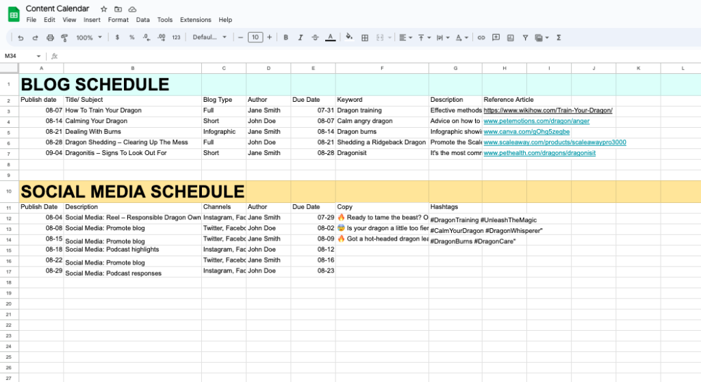 blog content calendar and social media calendar