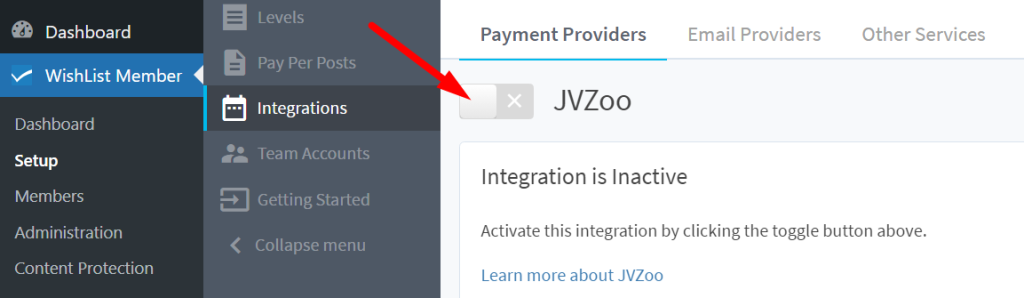 JVZoo Integration screen with red arrow pointing to activation toggle.