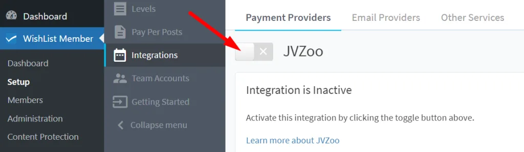 JVZoo Integration screen with red arrow pointing to activation toggle.