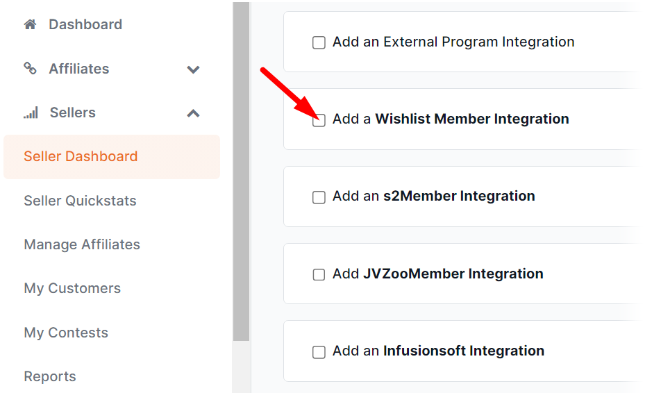 JVZoo Integration Page with arrow pointing to "Add a WishList Member Integration."