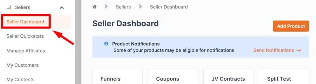 JVZoo Seller Dashboard with a red arrow pointing to the Seller Dashboard