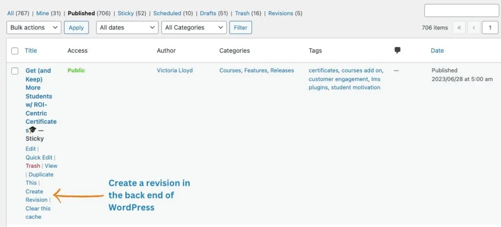 Strive create a revision in the back end of WordPress