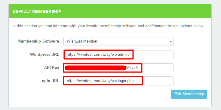 PayBlue - Default Membership WordPress URL, API Key, Login URL