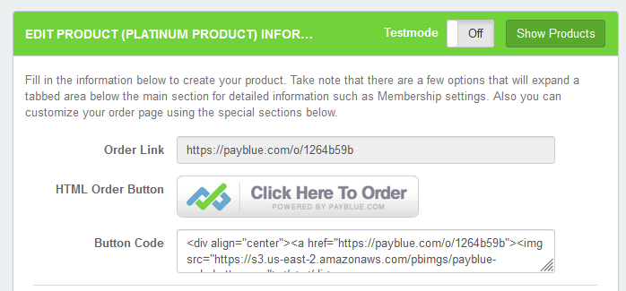 PayBlue - Order Link, HTML Order Button, Button Code for integrated WishList Member membership level