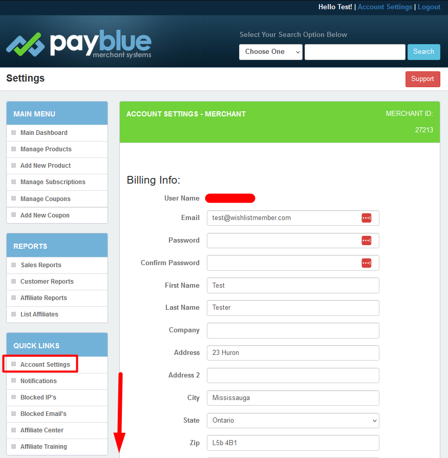 PayBlue Account Settings