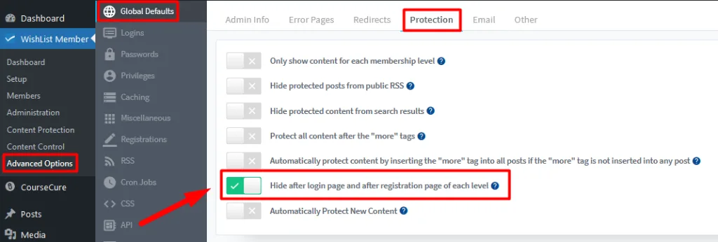 image-97 - WordPress Membership Plugin - Membership Sites WishList Member Global Defaults - Protection Settings