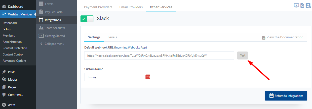 Slack Integration with WishList Member - Test Default Webhook URL