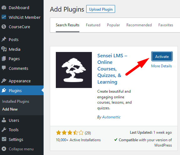 Sensei LMS Integration with WishList Member - Activate the Sensei LMS WordPress plugin