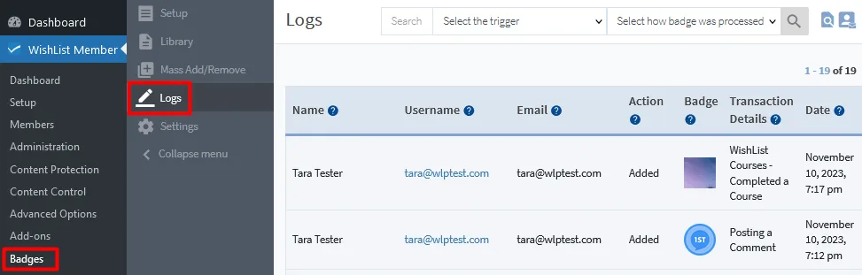CourseCure Badges - Badge Logs